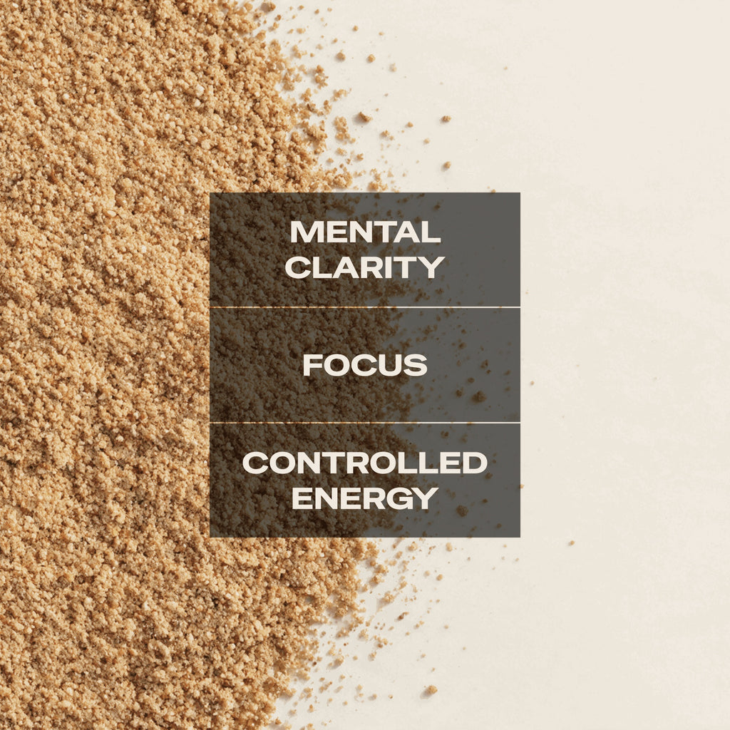 Nootropic powder spread across a pale surface, labelled mental clarity, focus, and controlled energy