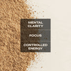 Nootropic powder spread across a pale surface, labelled mental clarity, focus, and controlled energy