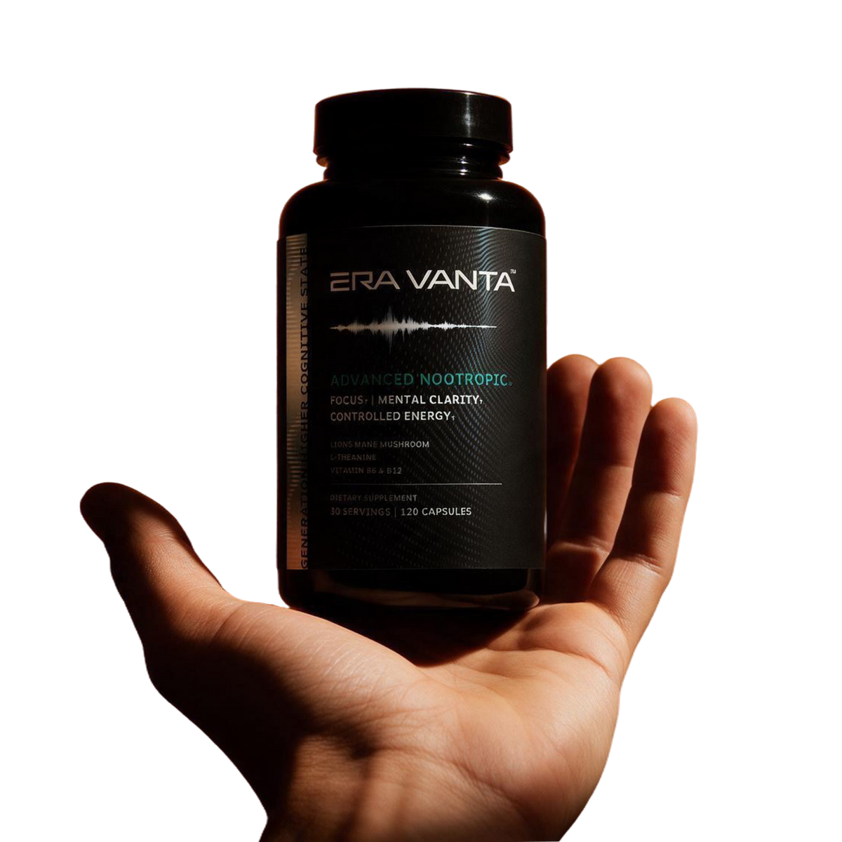 A hand holding a bottle of Era Vanta advanced nootropic